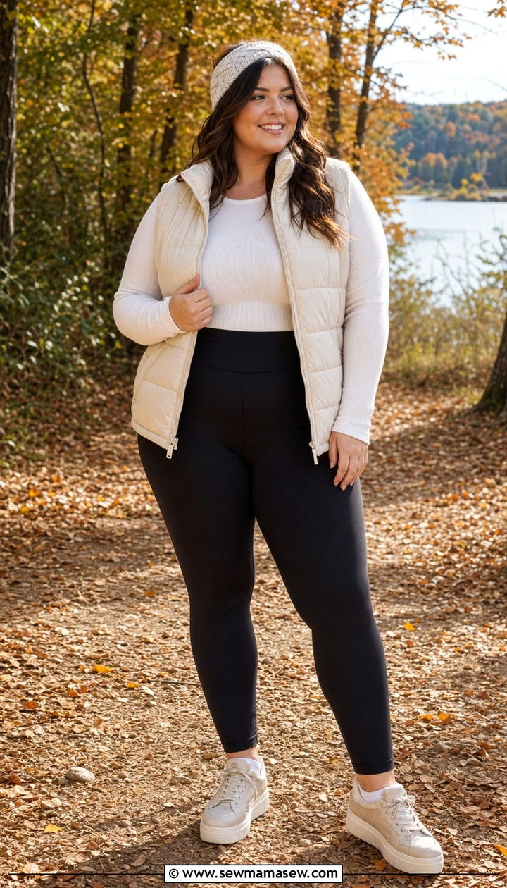 Plus Size Puffer Vest and Leggings Outfit - 35 Plus size athleisure outfits