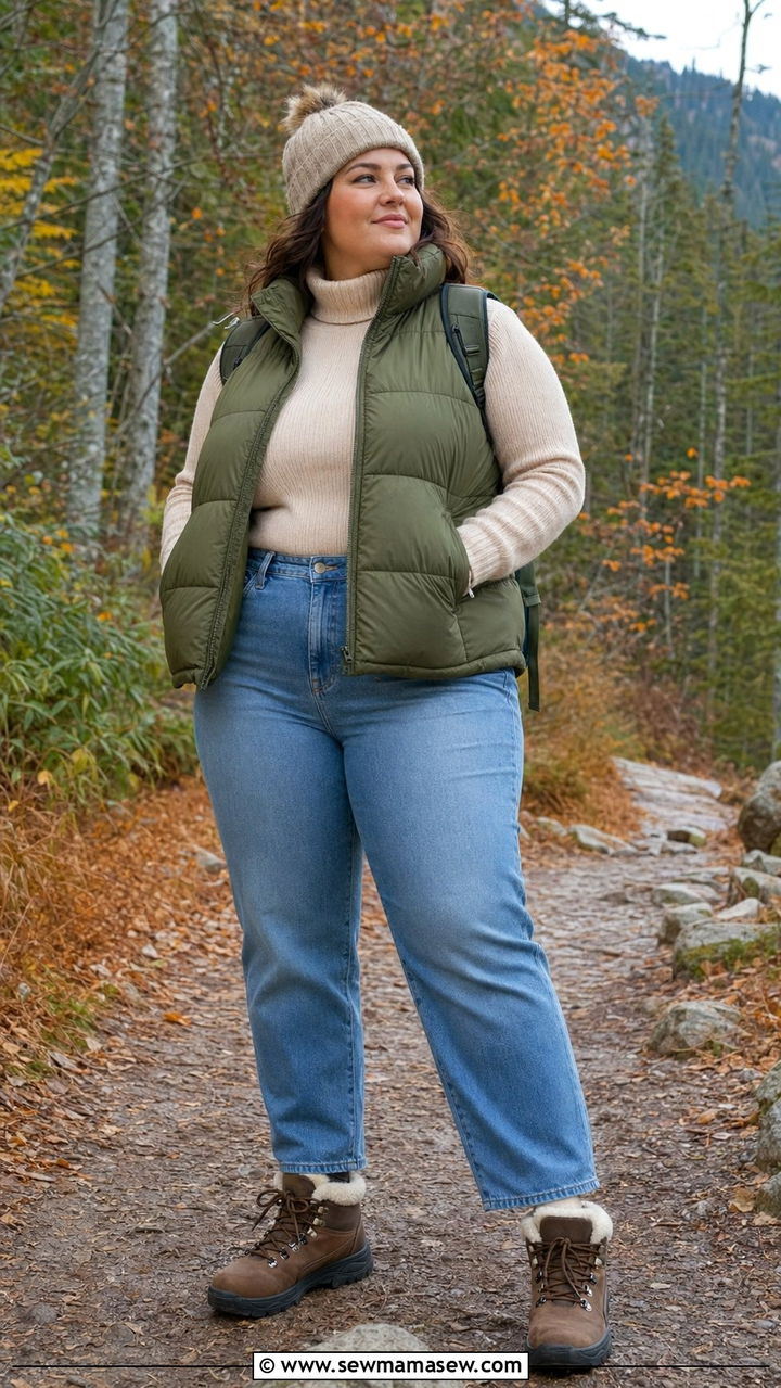 Plus Size Puffer Vest with Turtleneck and Jeans - 35 Outfit ideas for plus size