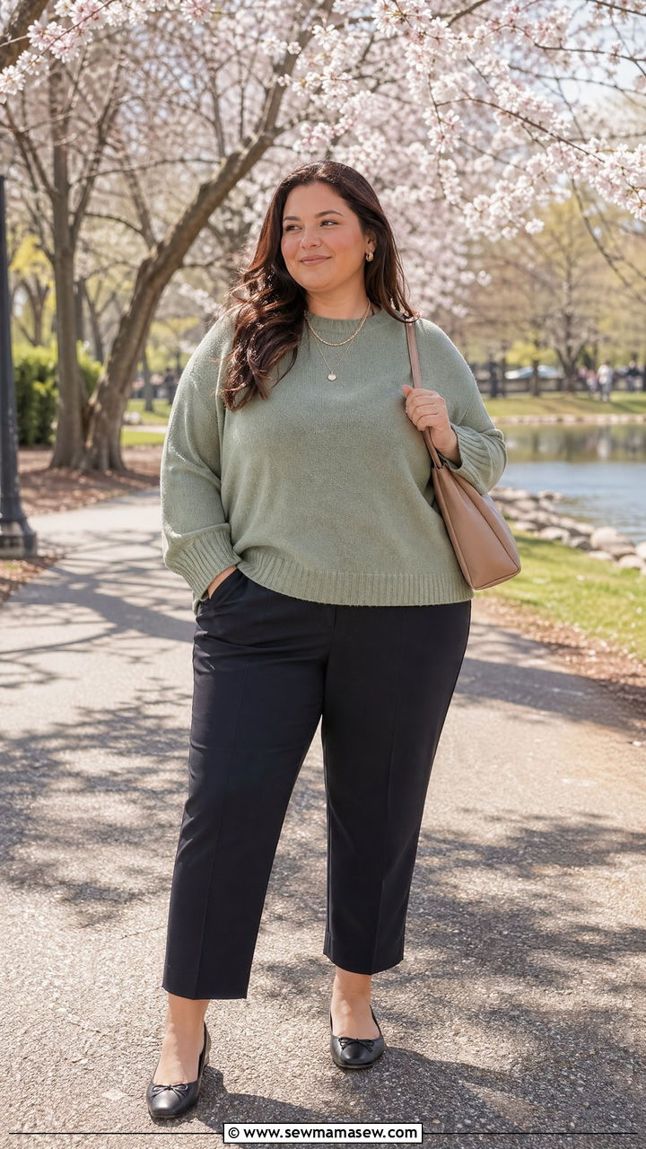 Plus Size Sage Sweater And Dark Trousers Spring Outfit - 35 spring outfits for plus size women