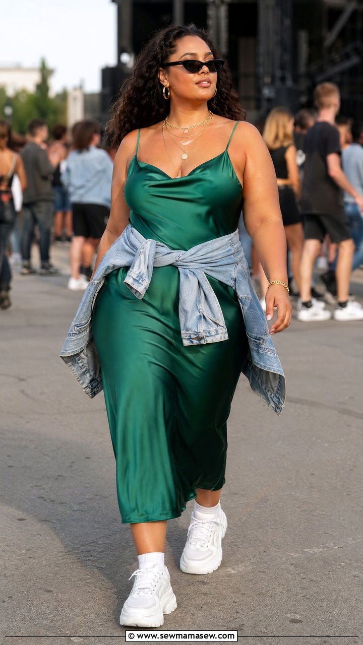 Plus Size Satin Slip Dress Chunky Sneakers Concert Look - 35 Concert outfits for plus size