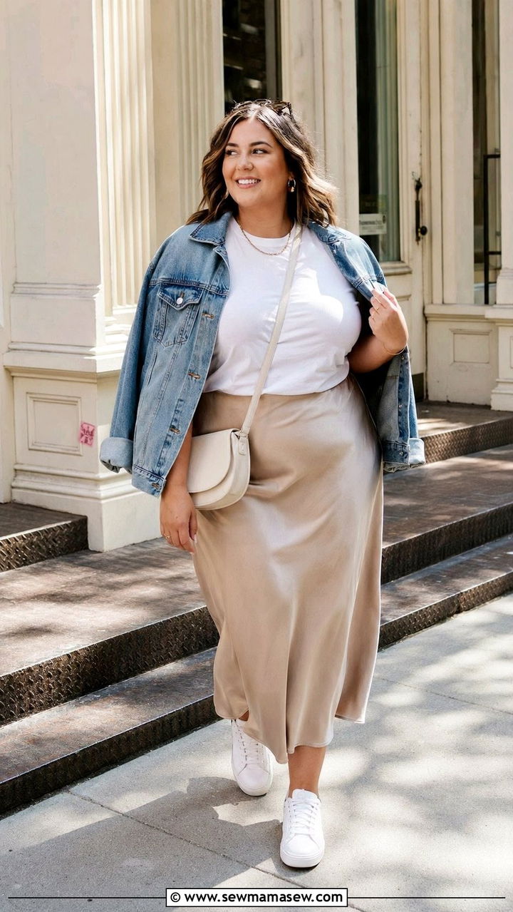 Plus Size Satin Slip Midi Skirt With Tucked Tee - 30 Best skirts for plus size