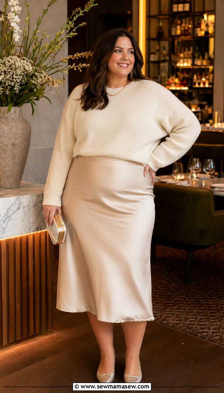 Plus Size Satin Slip Skirt and Knit Top - 35 Plus size outfit ideas size 20