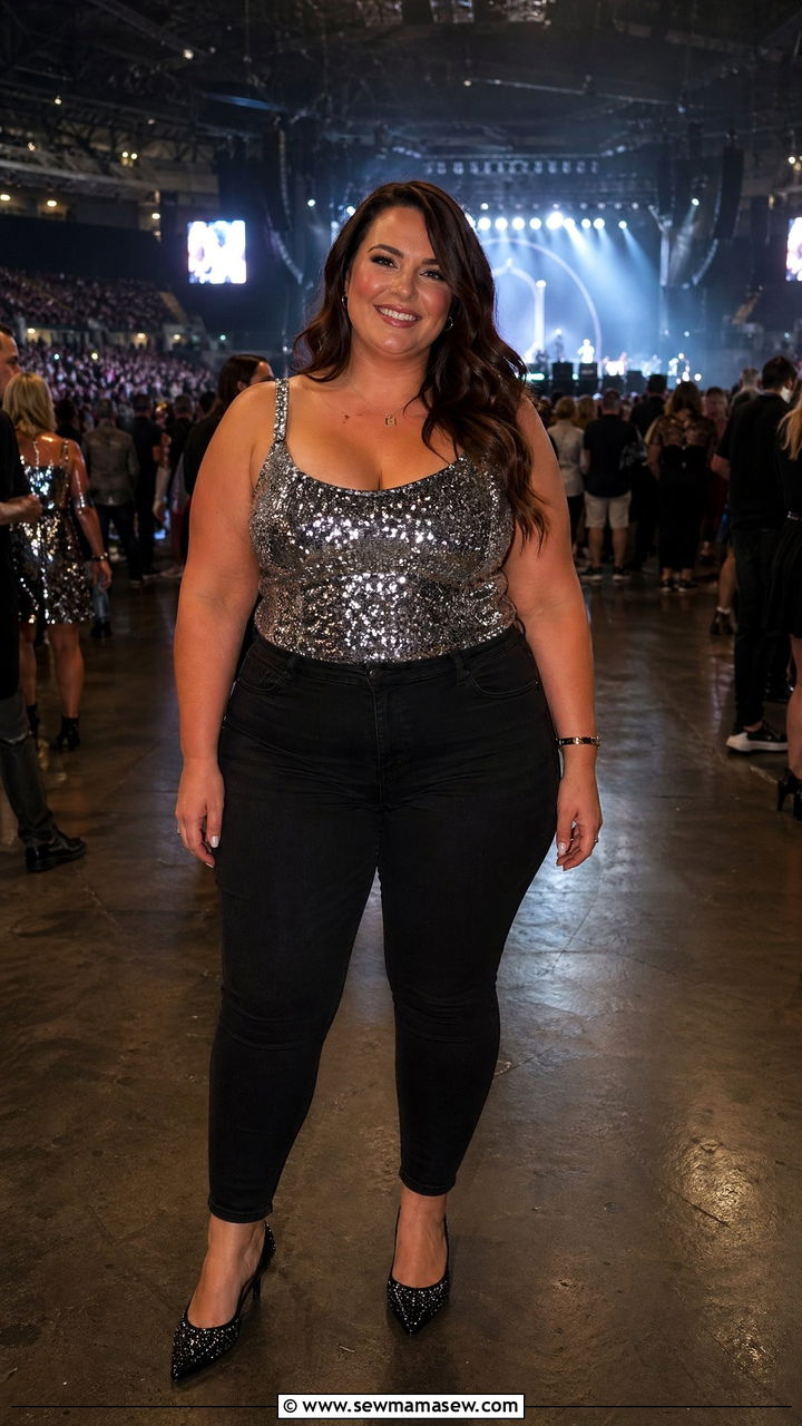 Plus Size Sequin Top Black Jeans Concert Outfit - 35 Concert outfits for plus size
