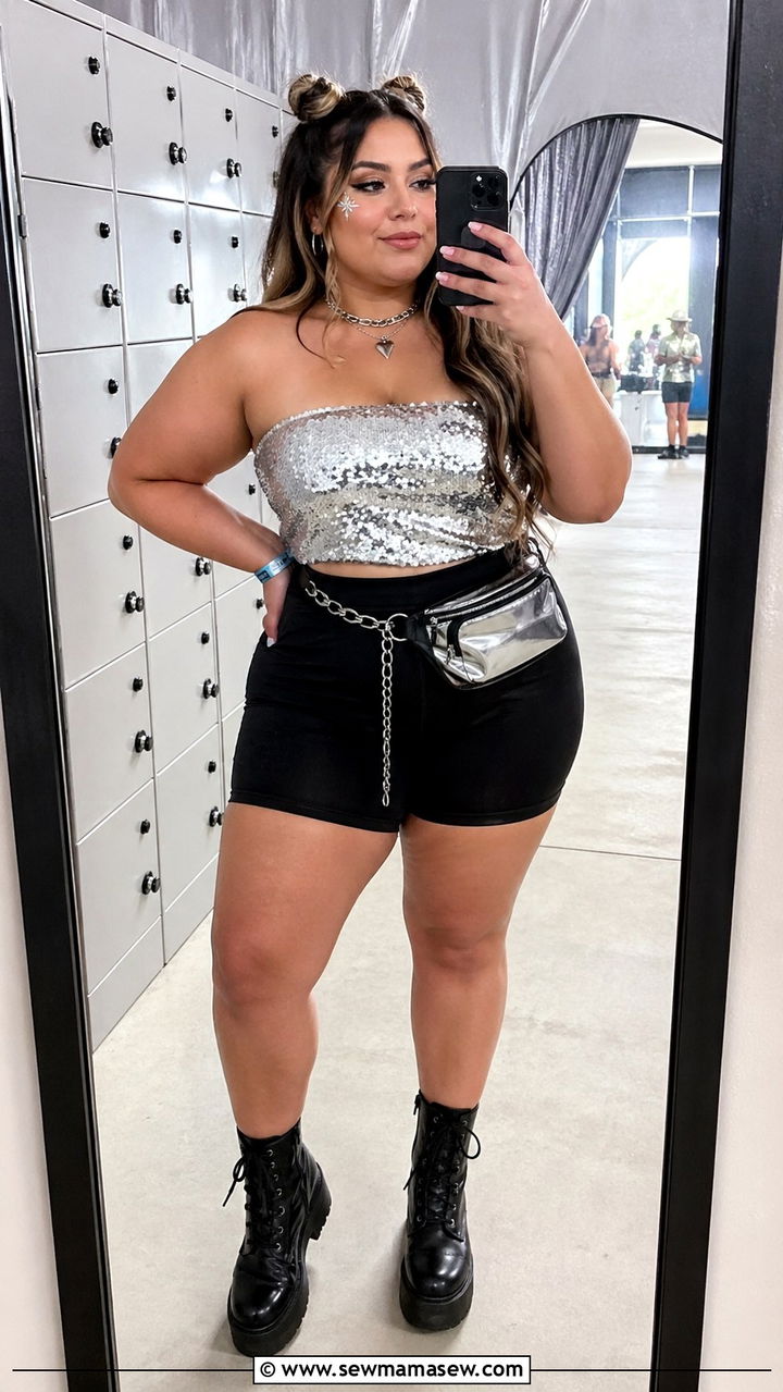 Plus Size Sequin Tube Top And Biker Shorts Festival Look - 30 Plus size festival outfit ideas