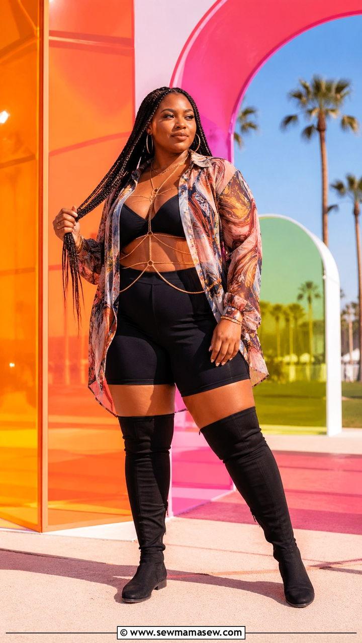 Plus Size Sheer Printed Blouse With Biker Shorts Festival Outfit - 30 Plus size festival outfit ideas