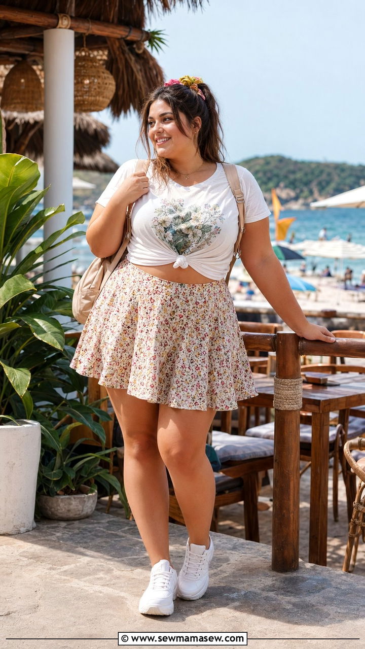 Plus Size Skater Skirt With Graphic Tee - 30 Beach vacation outfit ideas plus size