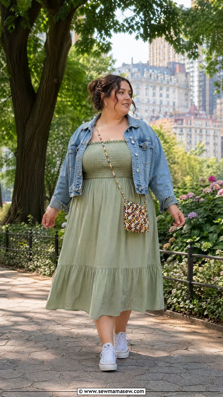 Plus Size Smocked Midi Dress With Denim Jacket - 35 cottagecore outfits for women