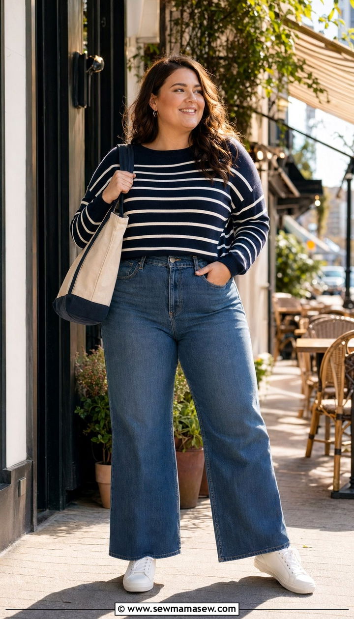 Plus Size Striped Sweater and Wide Leg Jeans - 35 Plus size outfit ideas size 20