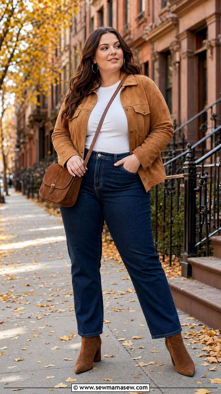 Plus Size Suede Jacket and Dark Wash Jeans - 35 Outfit ideas for plus size