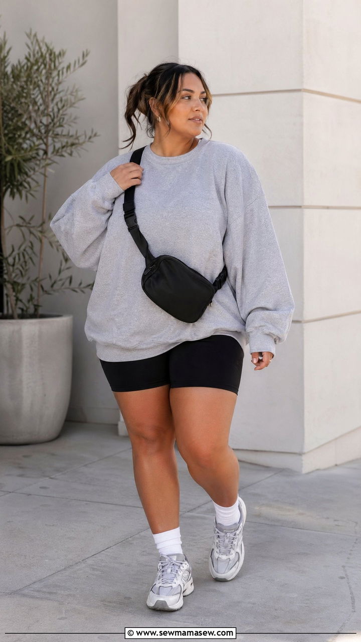 Plus Size Sweatshirt and Biker Shorts Outfit - 35 casual outfits for plus size women
