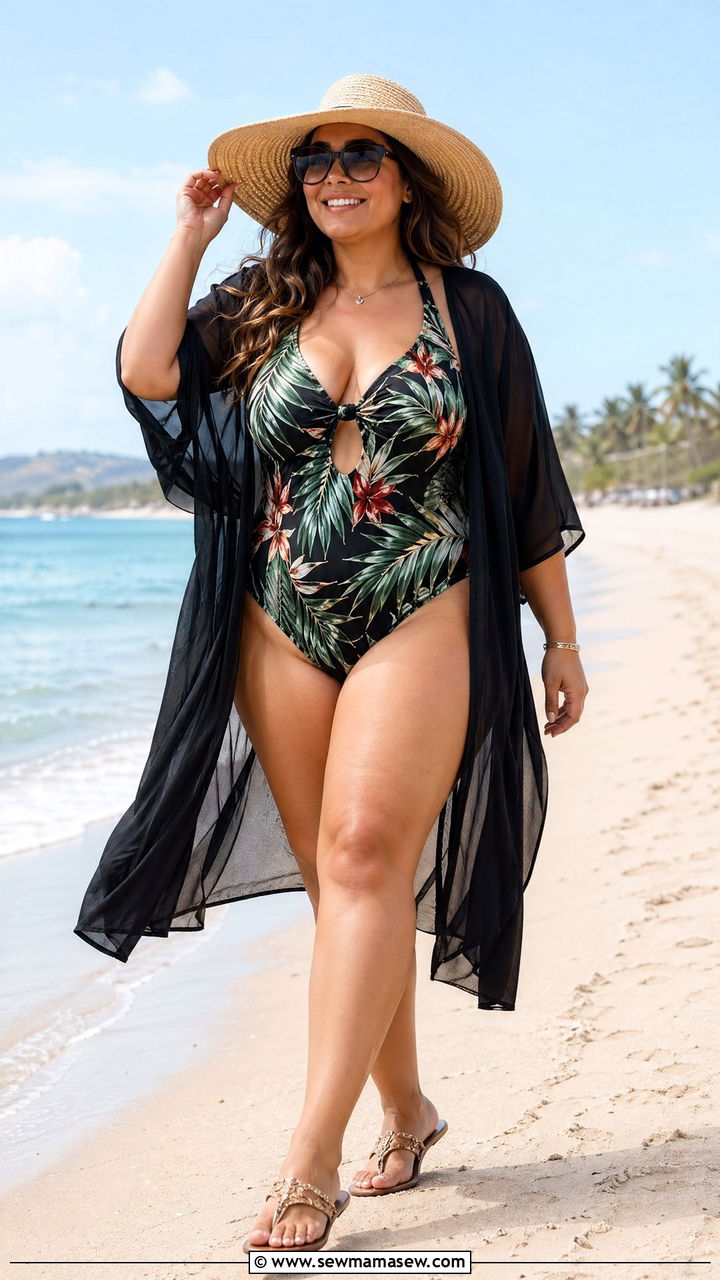 Plus Size Swimsuit with Sheer Kimono Cover Up - 35 Travel outfits for curvy women