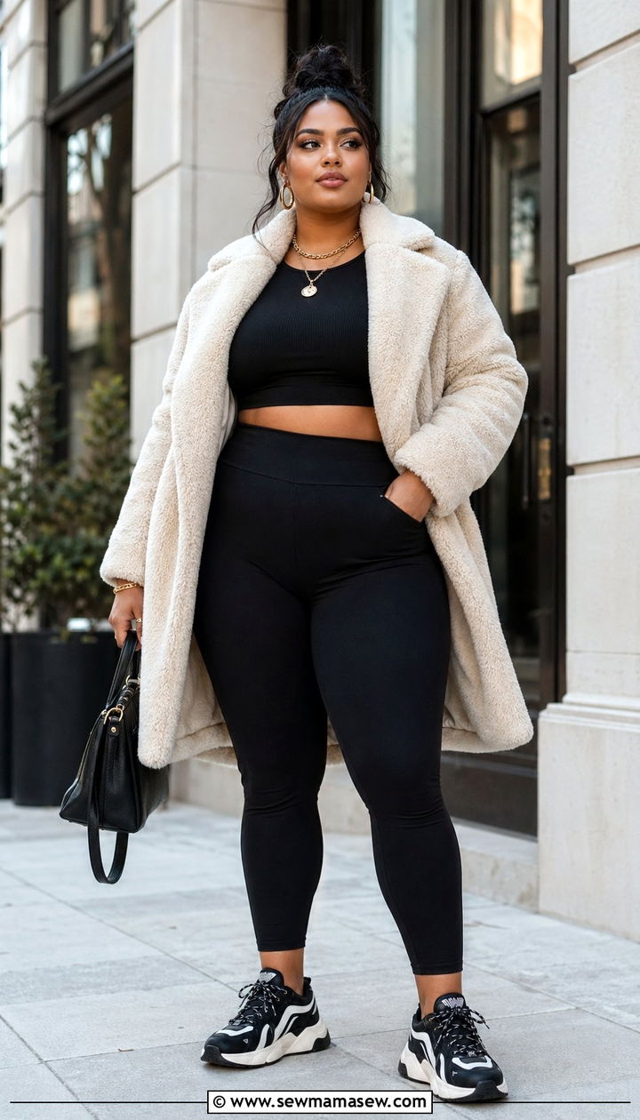 Plus Size Teddy Coat and Athletic Leggings Outfit - 35 Plus size athleisure outfits