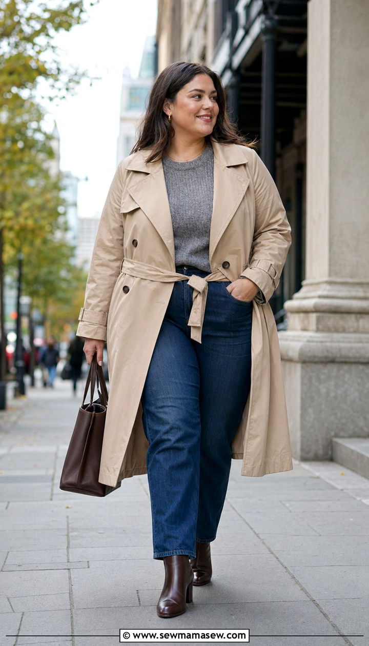 Plus Size Trench Coat and Jeans Outfit - 35 Plus size outfit ideas size 20