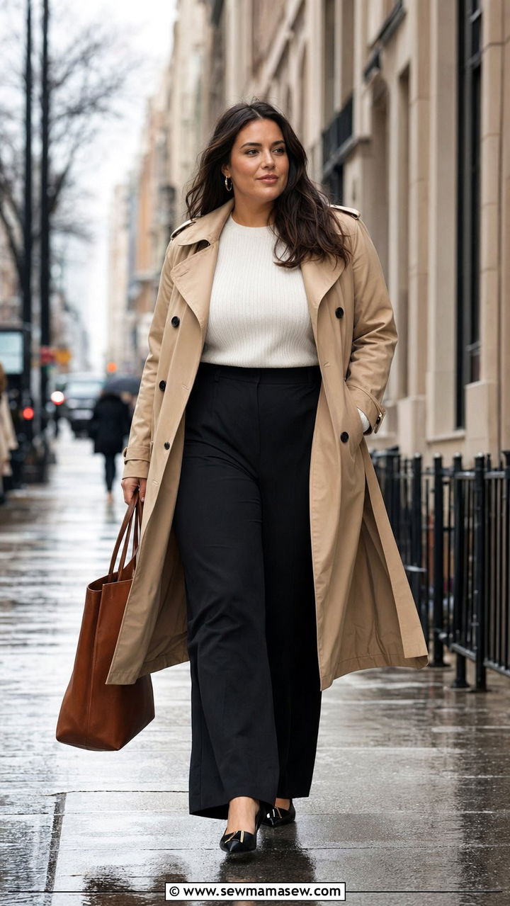 Plus Size Trench Coat and Wide Leg Trousers - 35 plus size outfit ideas for women