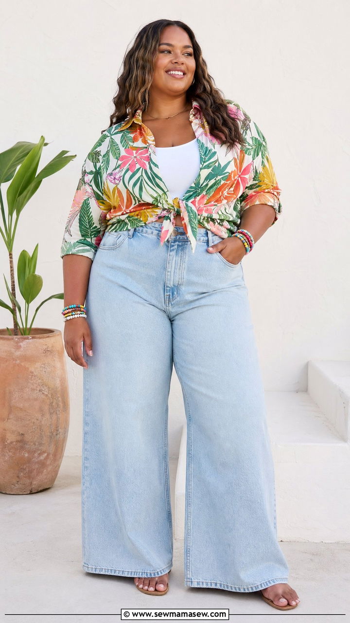 Plus Size Tropical Print Shirt with Wide Leg Jeans - 35 Spring outfits for plus size