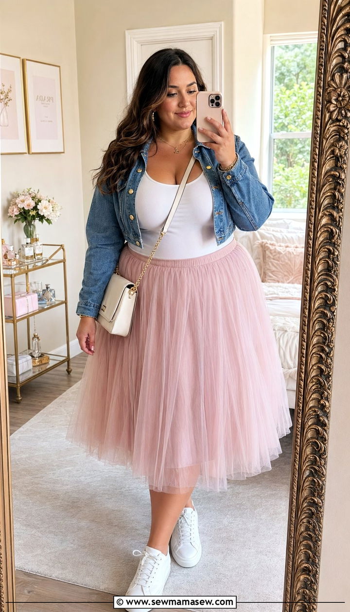 Plus Size Tulle Midi Skirt With Denim Jacket - 30 Best skirts for plus size