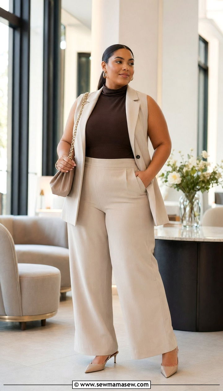 Plus Size Two Piece Vest and Wide Leg Pants - 35 Outfit ideas for plus size