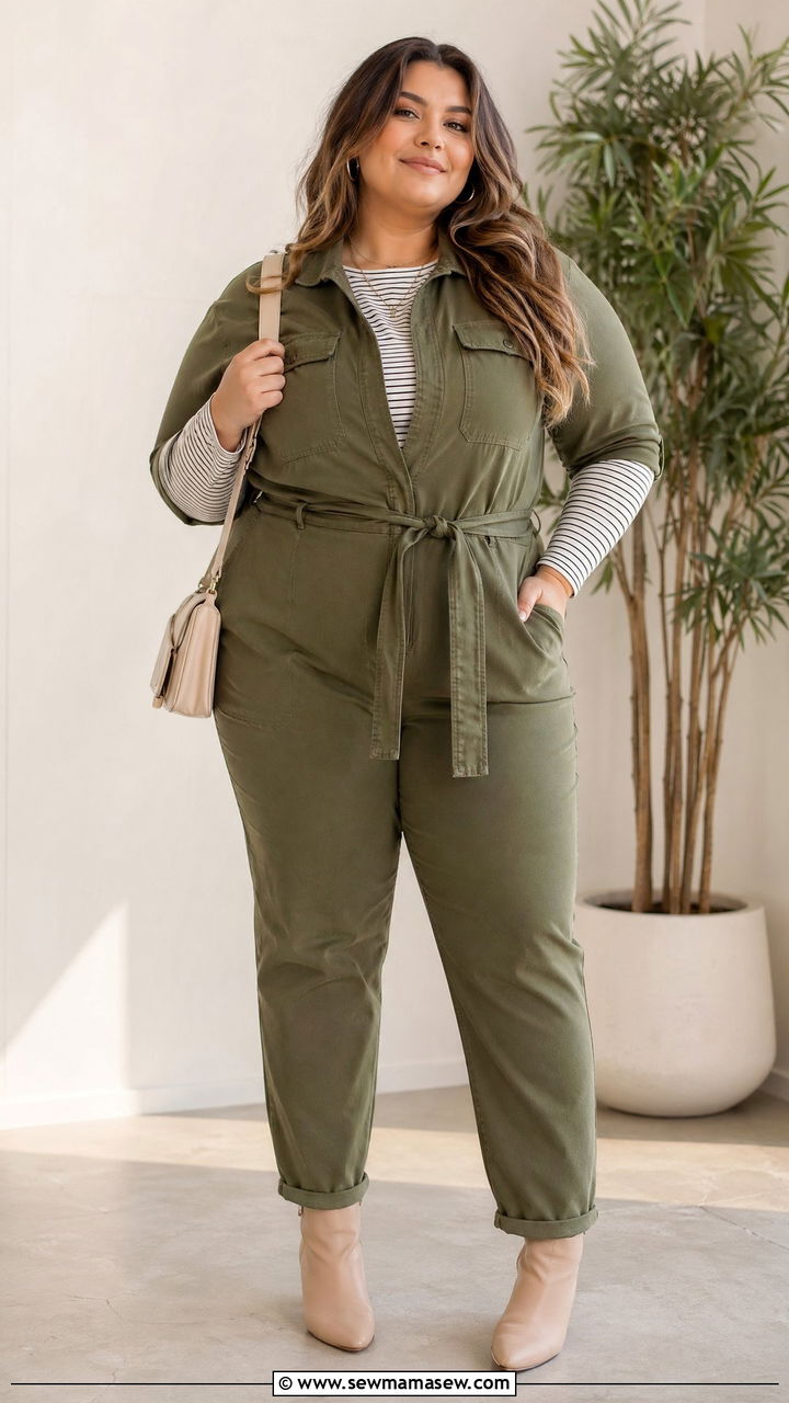 Plus Size Utility Jumpsuit with Belt - 35 Spring outfits for plus size