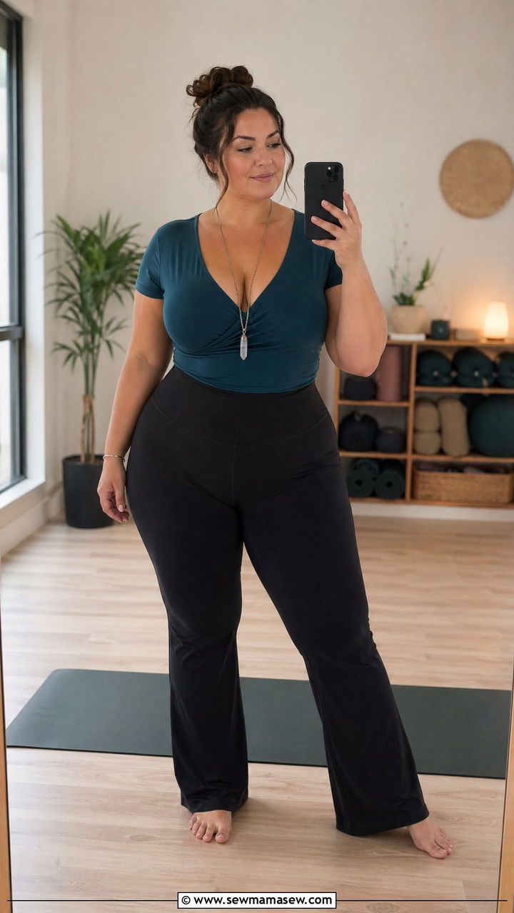 Plus Size V Neck Top and High Waisted Yoga Pants - 35 Yoga instructor outfit ideas