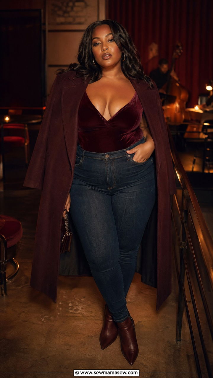 Plus Size Velvet Bodysuit High Waisted Jeans Concert Outfit - 35 Concert outfits for plus size