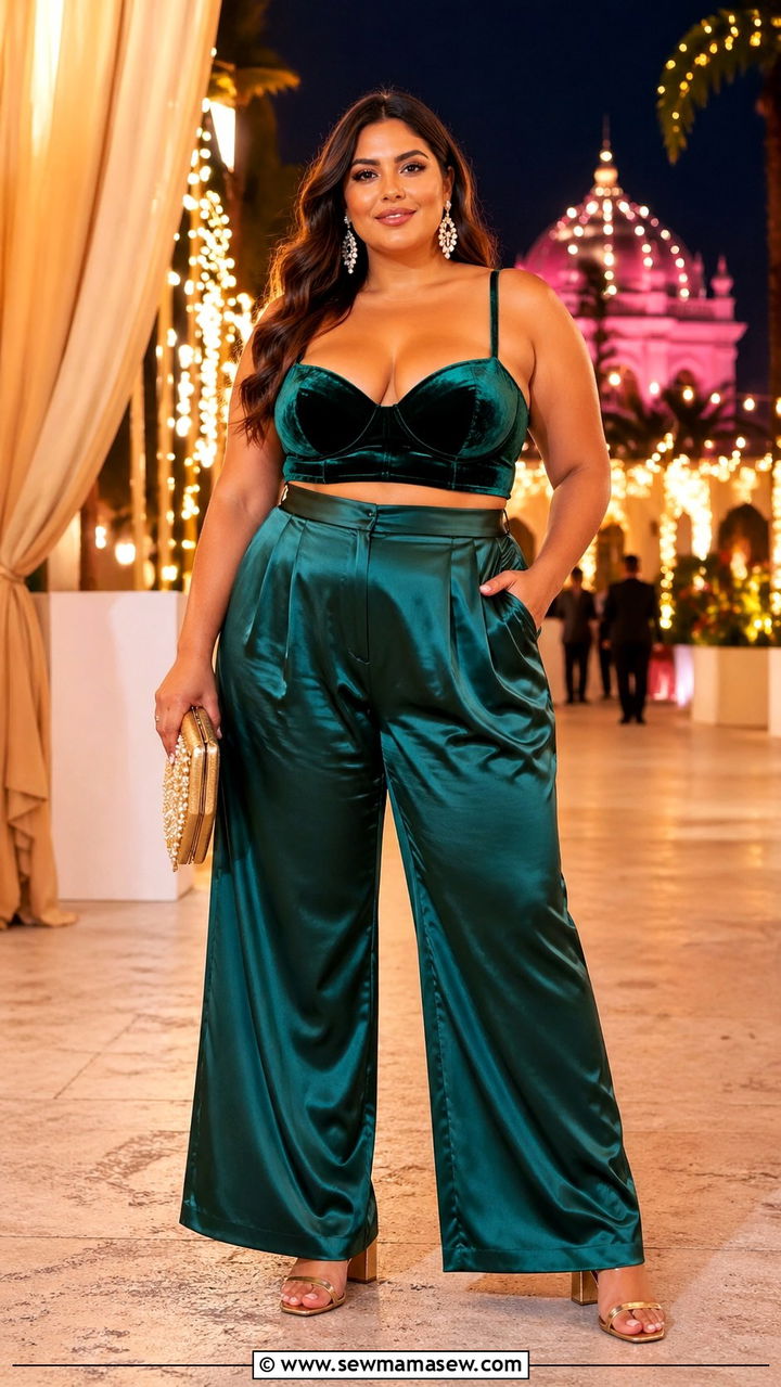 Plus Size Velvet Bralet And Satin Wide Leg Trousers Festival Outfit - 30 Plus size festival outfit ideas