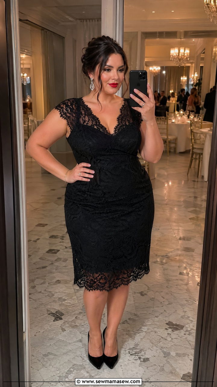 Plus Size Wedding Guest Black Lace Cocktail Dress - 35 wedding guest outfits for plus size women
