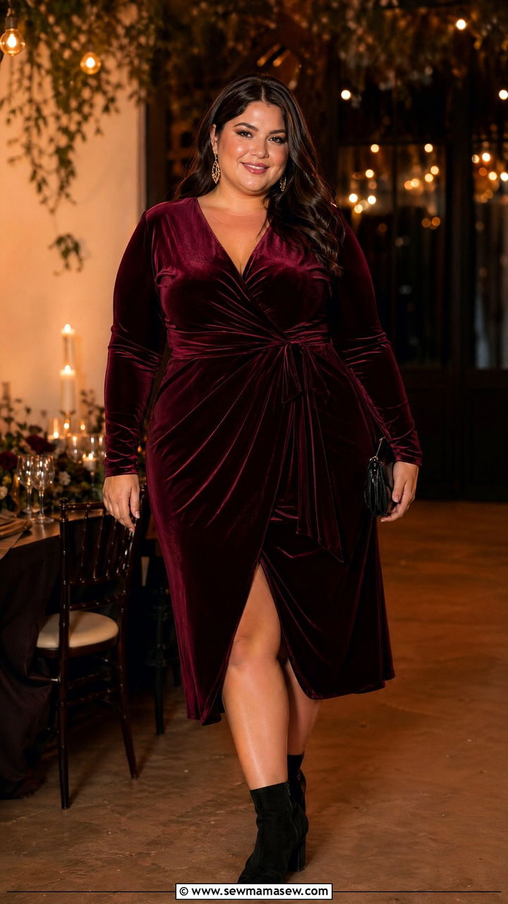 Plus Size Wedding Guest Burgundy Velvet Wrap Dress - 35 wedding guest outfits for plus size women