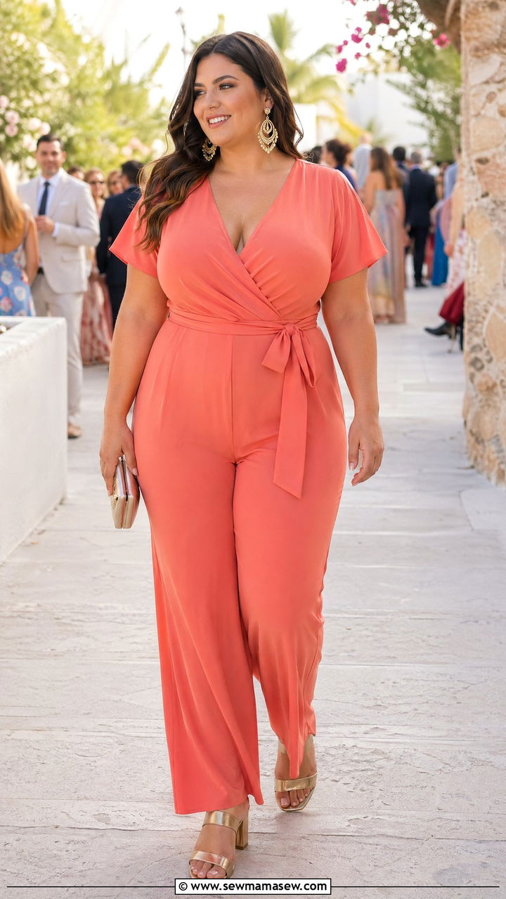 Plus Size Wedding Guest Coral Jumpsuit - 35 wedding guest outfits for plus size women