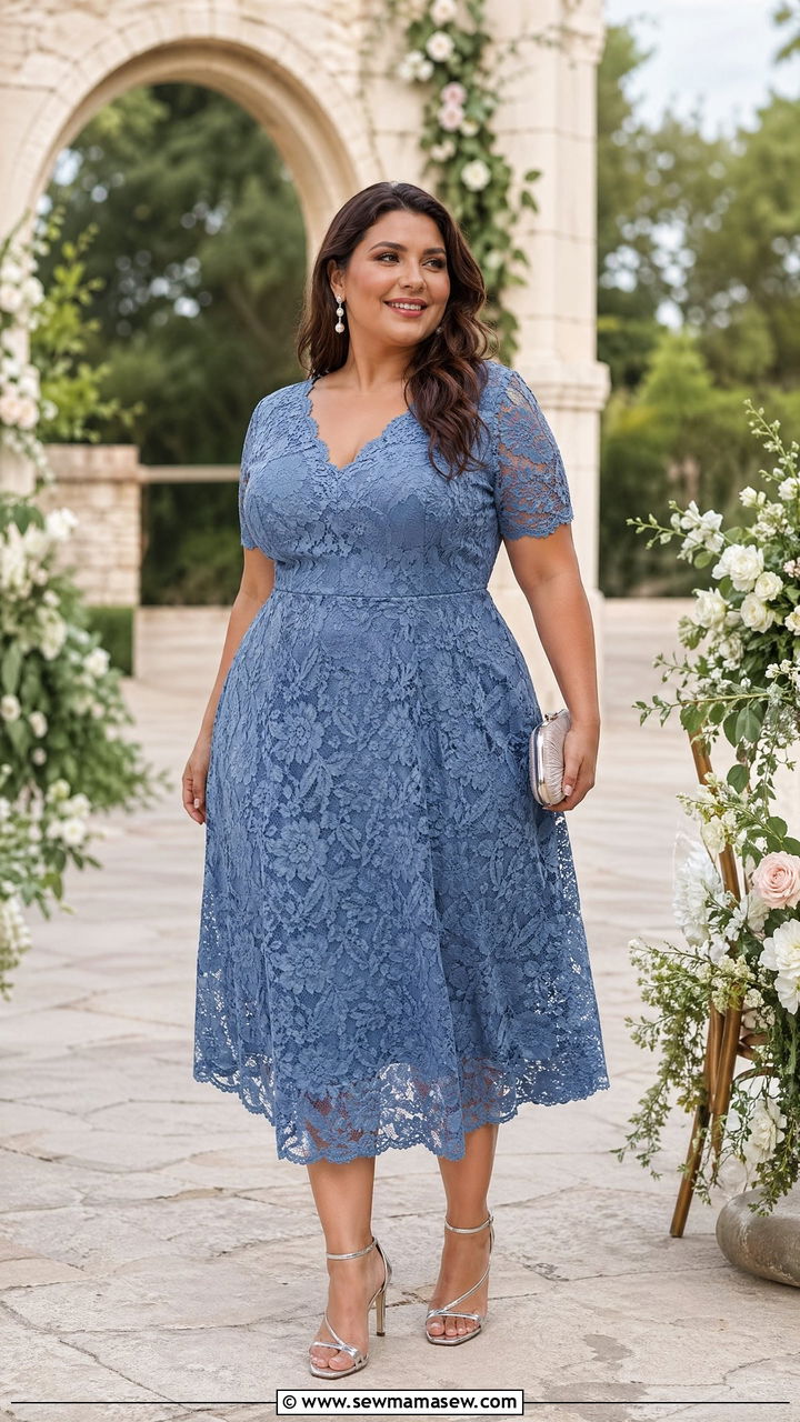 Plus Size Wedding Guest Dusty Blue Lace Midi Dress - 35 wedding guest outfits for plus size women