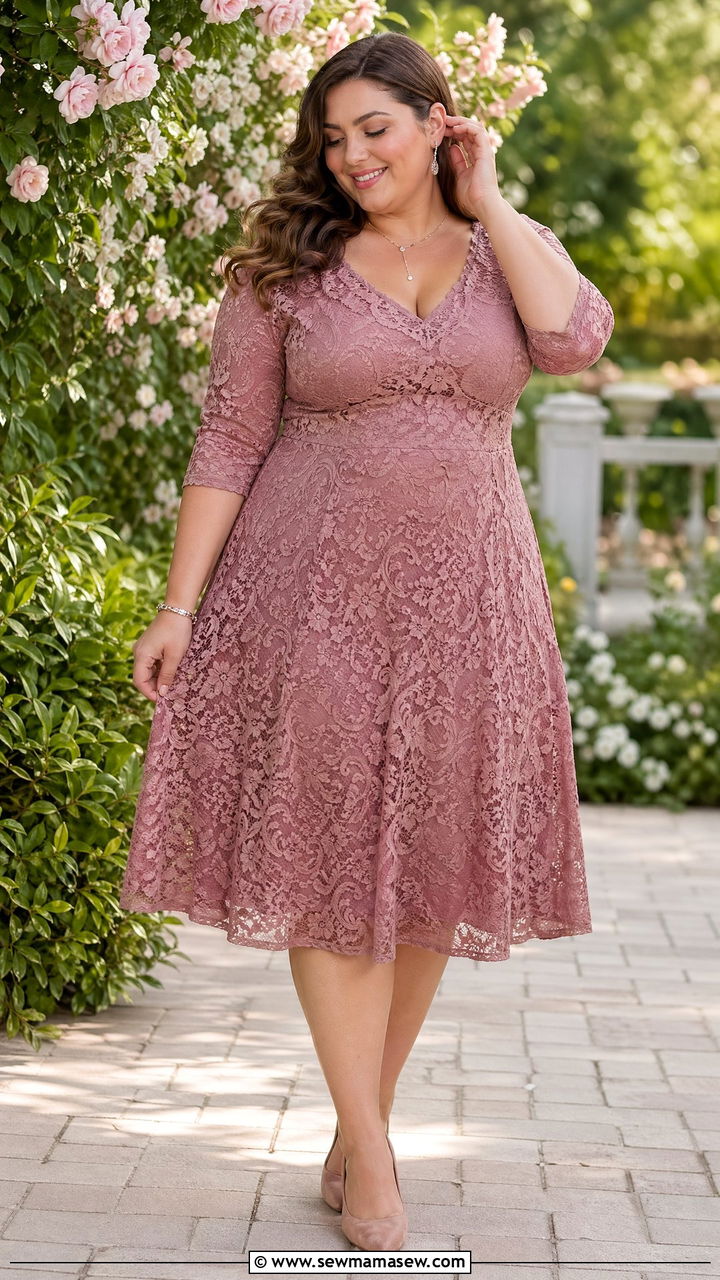Plus Size Wedding Guest Dusty Rose Lace Dress - 35 wedding guest outfits for plus size women