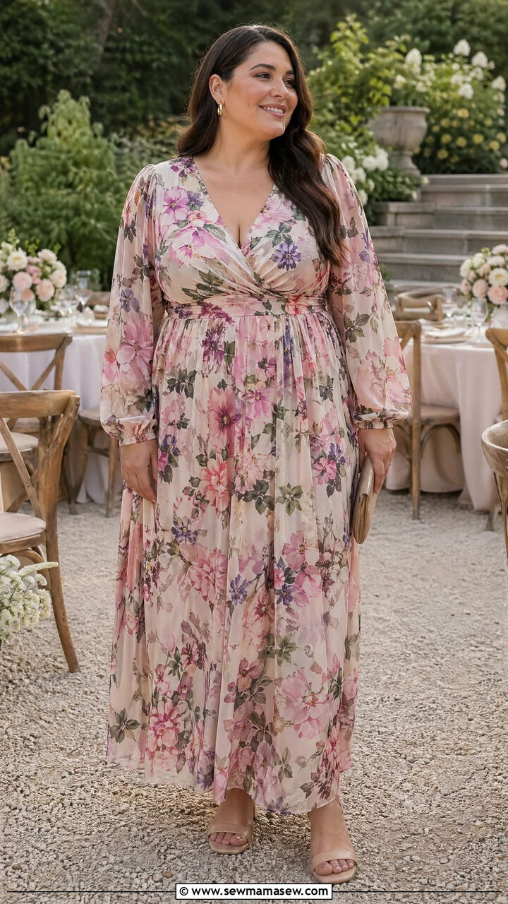 Plus Size Wedding Guest Floral Maxi Dress With Sleeves - 35 wedding guest outfits for plus size women