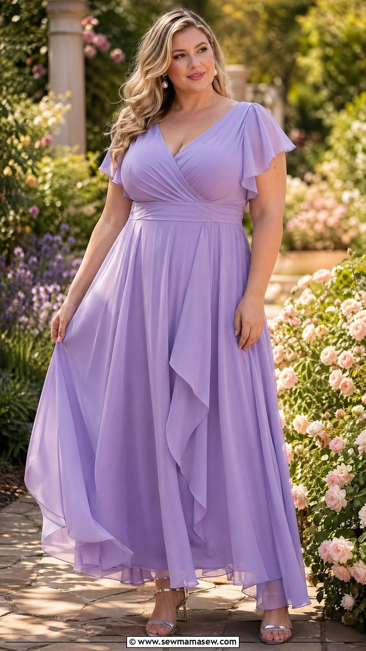 Plus Size Wedding Guest Lavender Chiffon Maxi Dress - 35 wedding guest outfits for plus size women