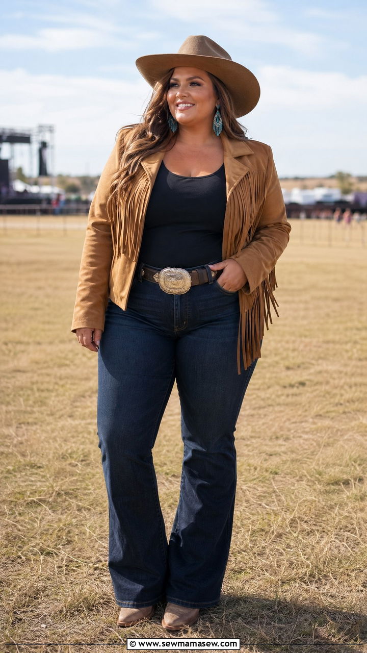 Plus Size Western Fringe Jacket Bootcut Jeans Concert Outfit - 35 Concert outfits for plus size
