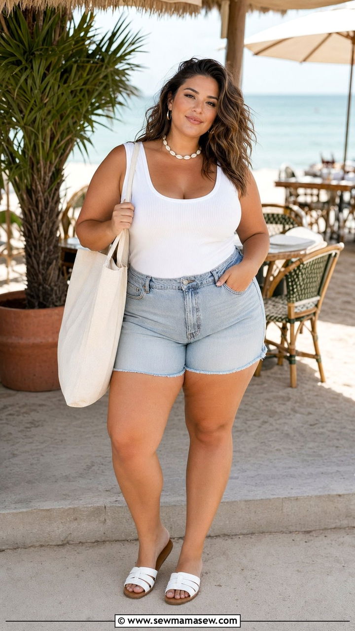 Plus Size White Ribbed Tank With Light Wash Denim Shorts - 30 Beach vacation outfit ideas plus size