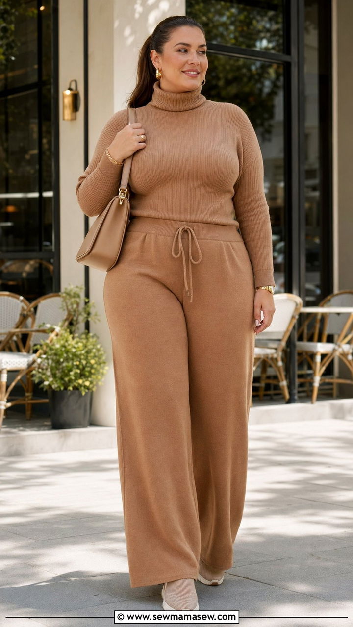 Plus Size Wide Leg Joggers and Turtleneck Outfit - 35 Plus size athleisure outfits