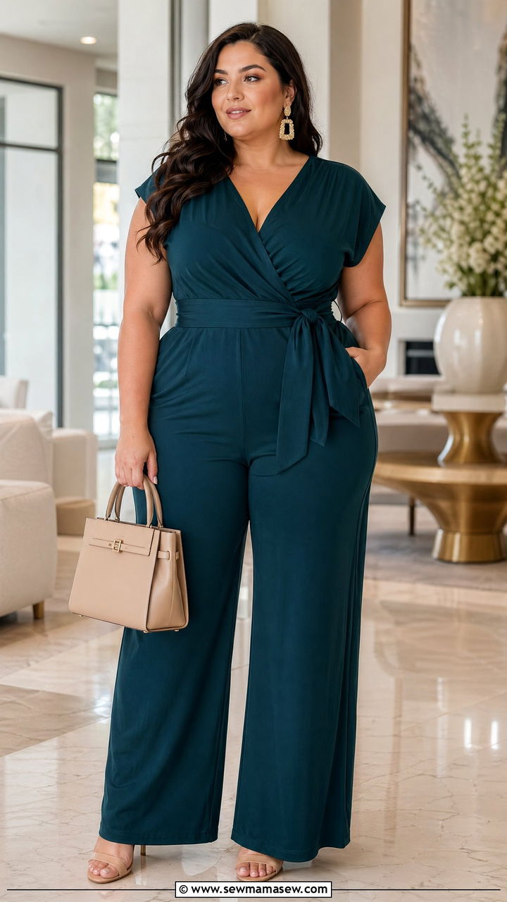 Plus Size Wide Leg Jumpsuit with Belt - 35 Wide leg jumpsuit outfit ideas