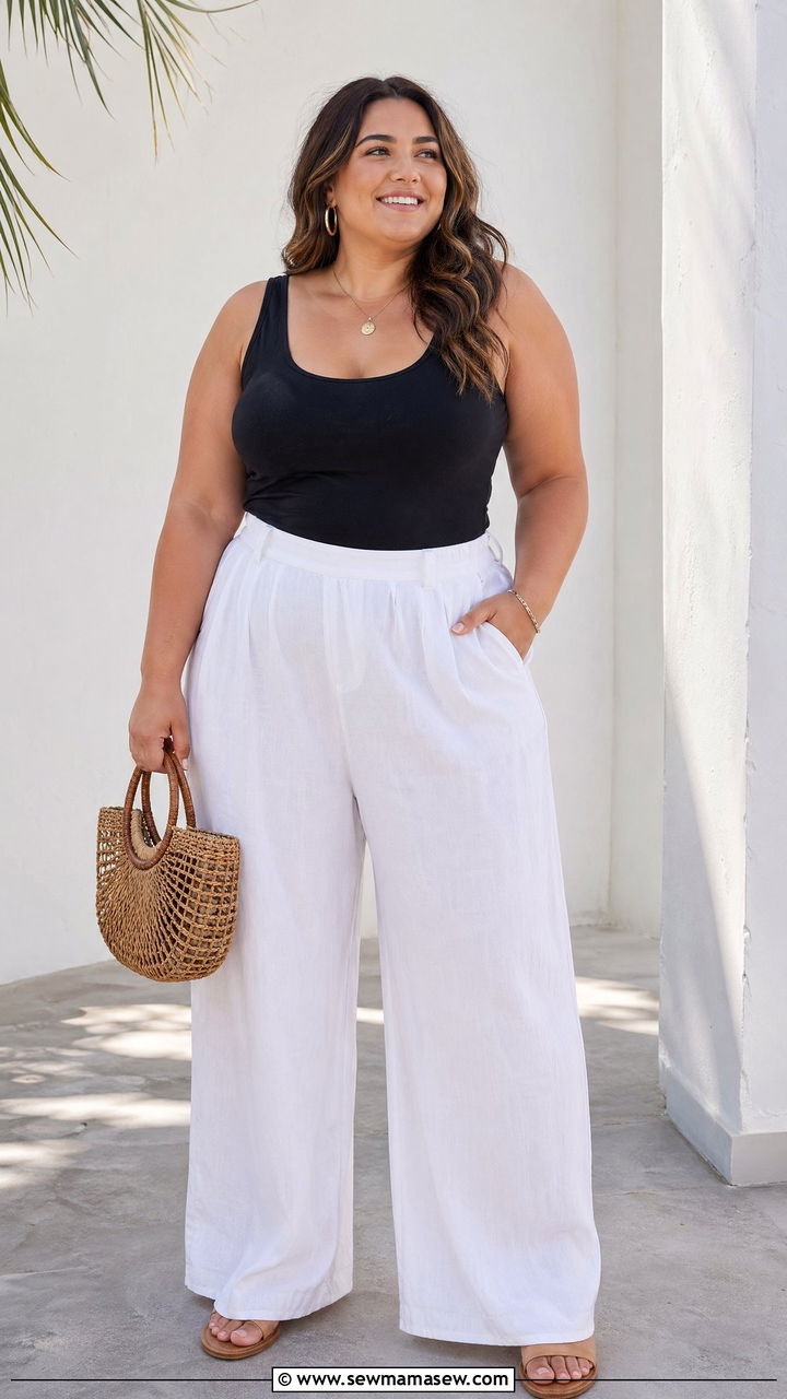 Plus Size Wide Leg Pants with Fitted Tank - 35 casual outfits for plus size women