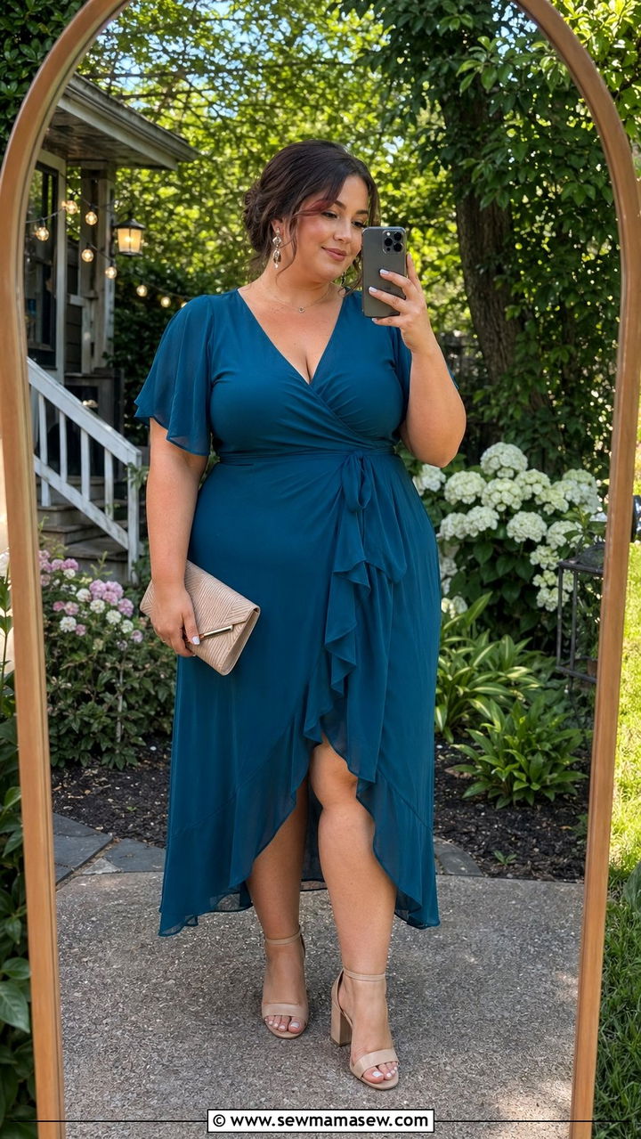 Plus Size Wrap Dress With Block Heels - 30 Backyard wedding guest outfit ideas