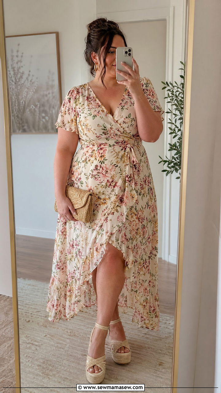 Plus Size Wrap Dress with Espadrilles - 35 Countryside wedding guest outfit ideas