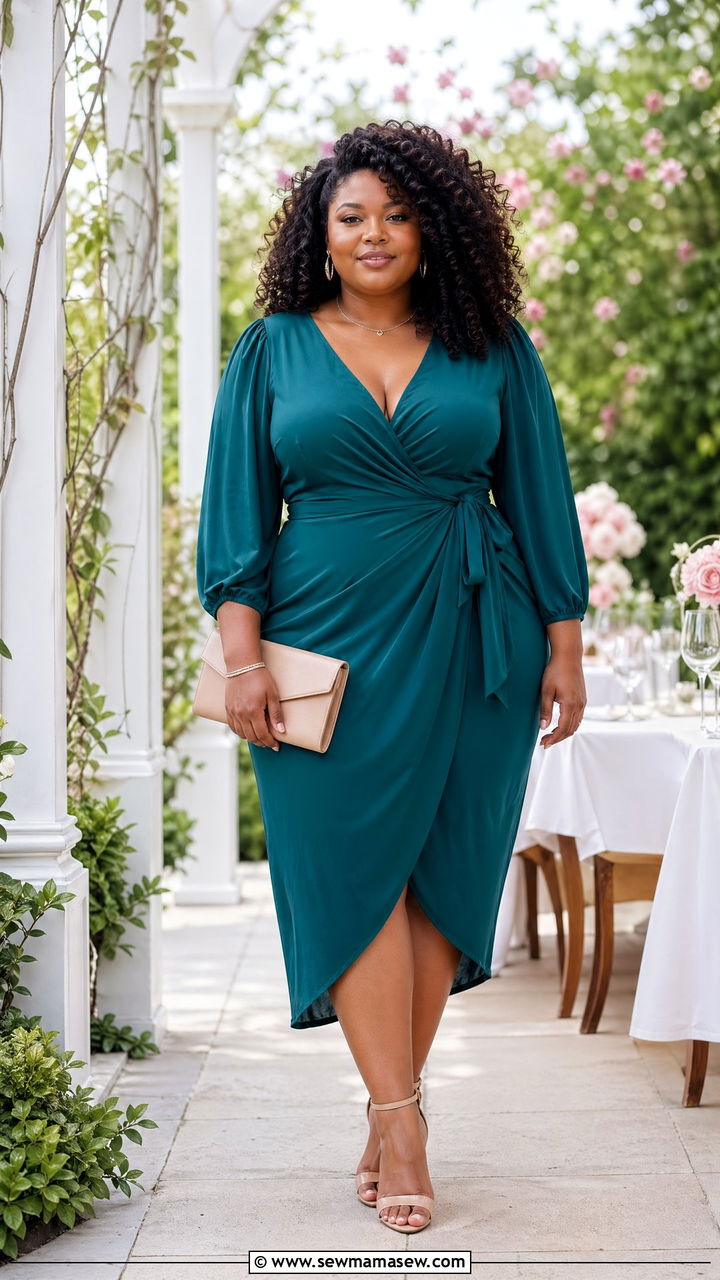 Plus Size Wrap Dress with Nude Heels - 35 Spring outfits for plus size