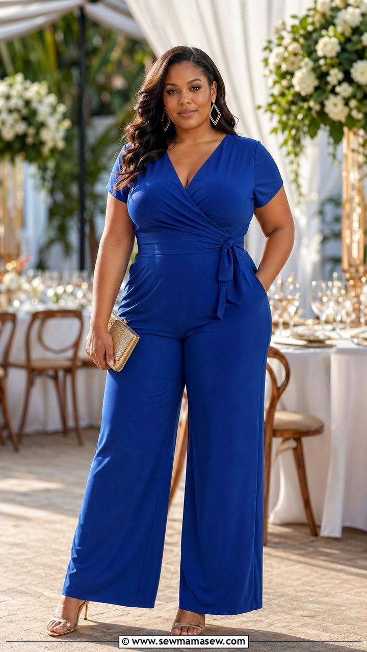 Plus Size Wrap Jumpsuit in Cobalt Blue - 30 Wedding guest jumpsuit outfit ideas
