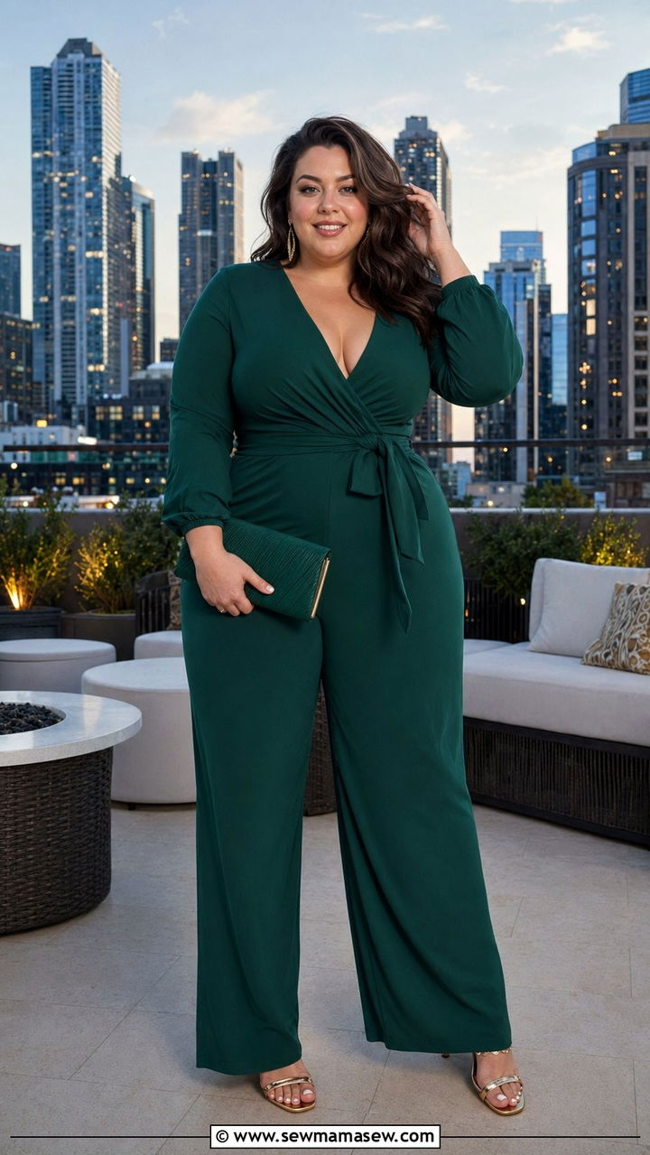 Plus Size Wrap Jumpsuit with Heels - 35 plus size outfit ideas for women
