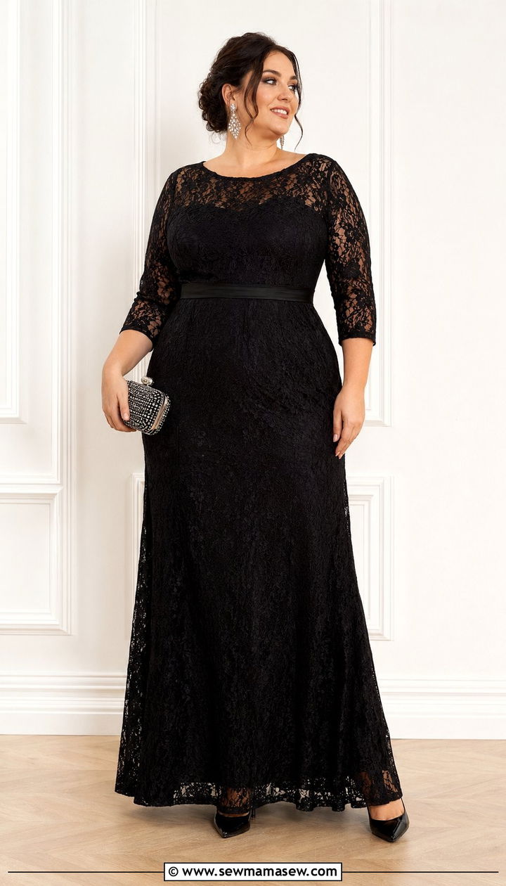 Plus size black lace illusion neckline maxi dress wedding guest outfit - 35 plus size wedding guest outfit ideas