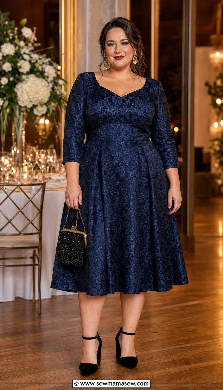 Plus size brocade cocktail dress wedding guest outfit - 35 plus size wedding guest outfit ideas