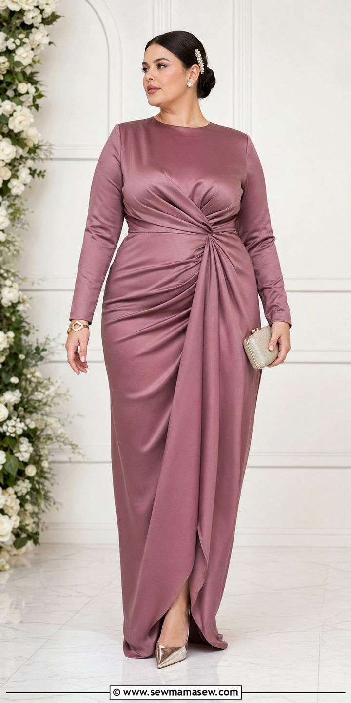 Plus size crew neck draped satin gown wedding guest outfit - 35 plus size wedding guest outfit ideas
