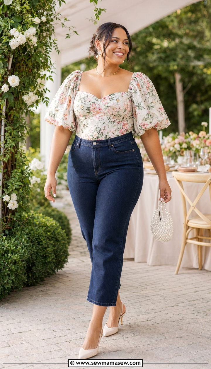 Plus size cropped straight jeans with a puff sleeve bodysuit and slingback heels - 30 Best jeans for plus size