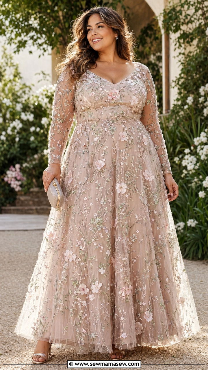 Plus size floral embroidered tulle maxi dress wedding guest outfit - 35 plus size wedding guest outfit ideas