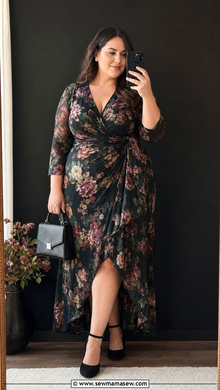 Plus size floral print wrap dress wedding guest outfit - 35 plus size wedding guest outfit ideas