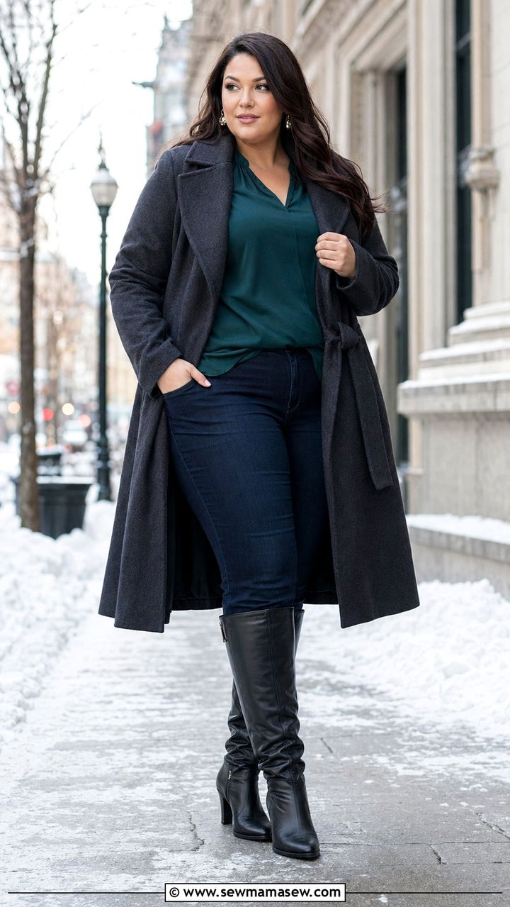 Plus size high rise skinny jeans with a longline tunic blouse and knee high boots - 30 Best jeans for plus size