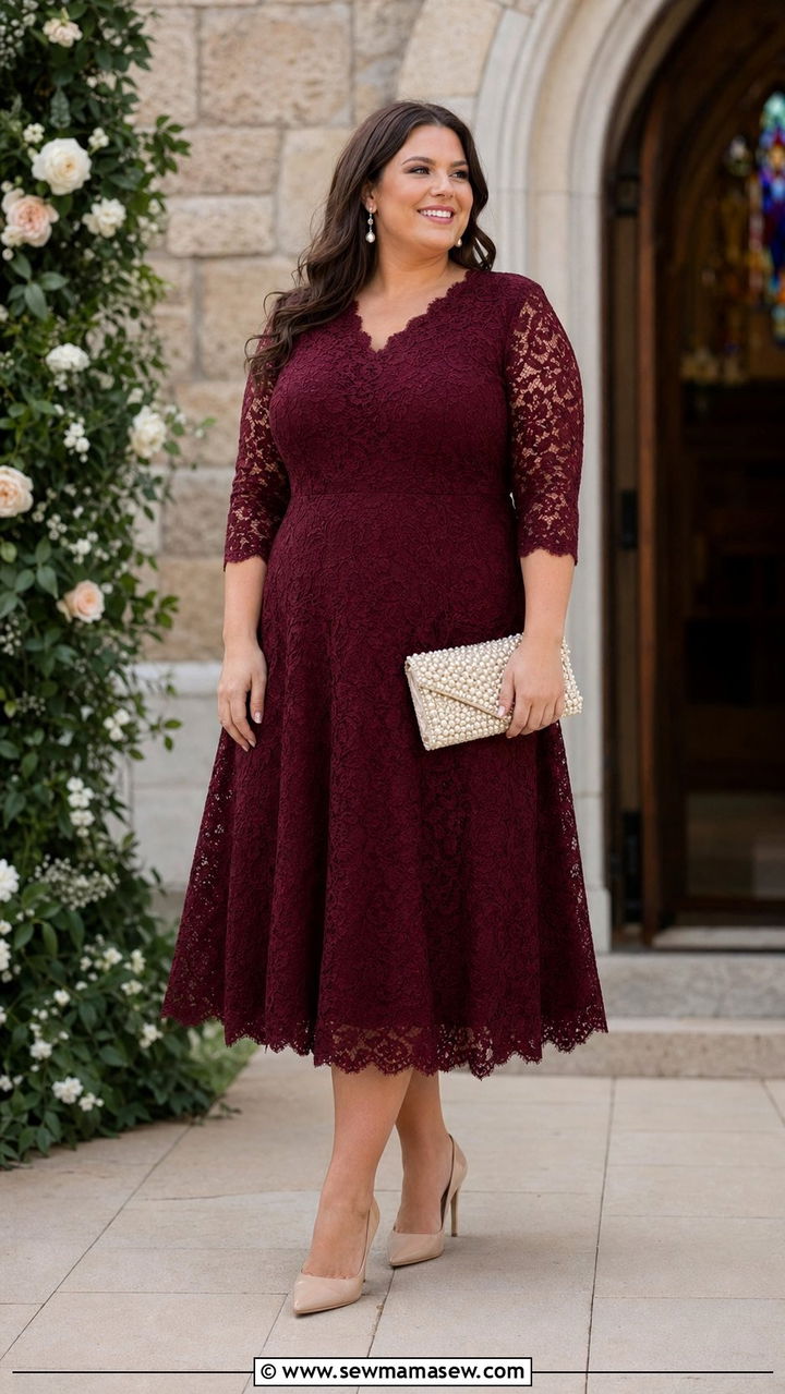 Plus size lace A line midi dress wedding guest outfit - 35 plus size wedding guest outfit ideas